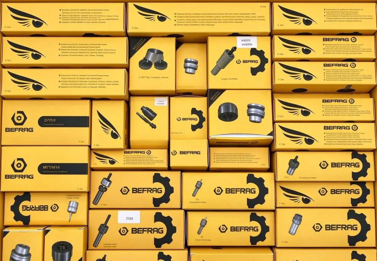 Wall of original BEFRAG branded yellow parts boxes stacked at the warehouse