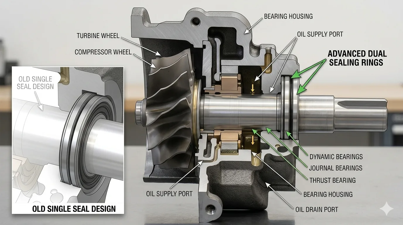 Cutaway diagram comparing advanced dual sealing rings with an old single seal design