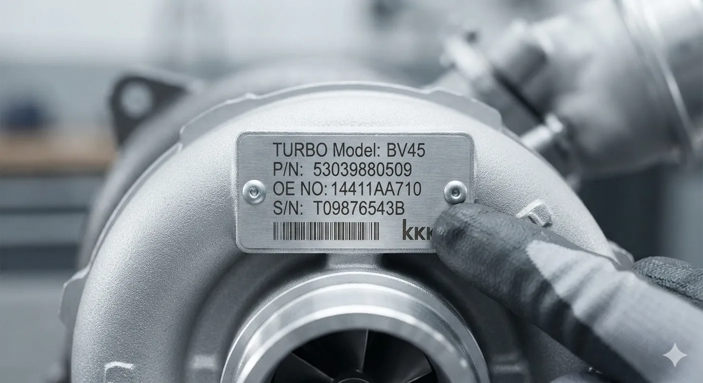 BV45 turbocharger nameplate showing the part number and OE number for cross-reference