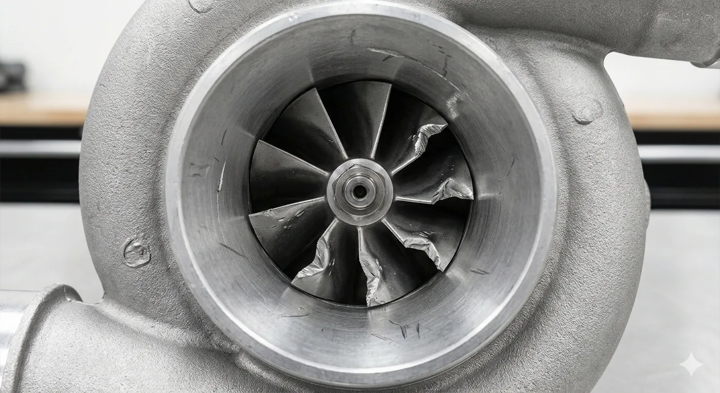 Compressor wheel blades bent and torn by foreign object damage