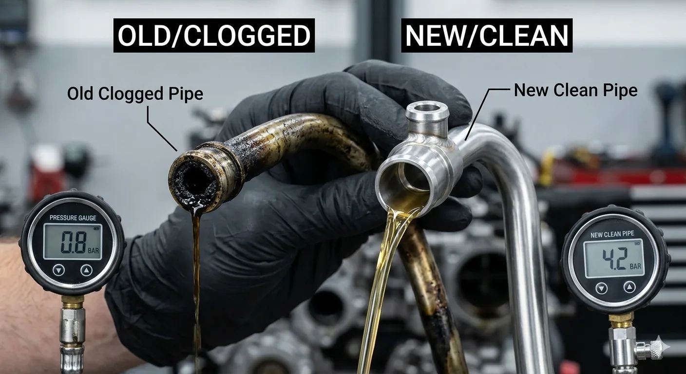 Old clogged oil feed pipe versus a new clean pipe with oil pressure gauges