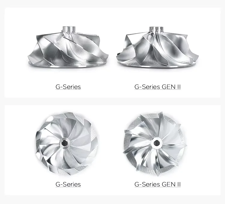 Side and top view comparison of G-Series and G-Series GEN II billet compressor wheels