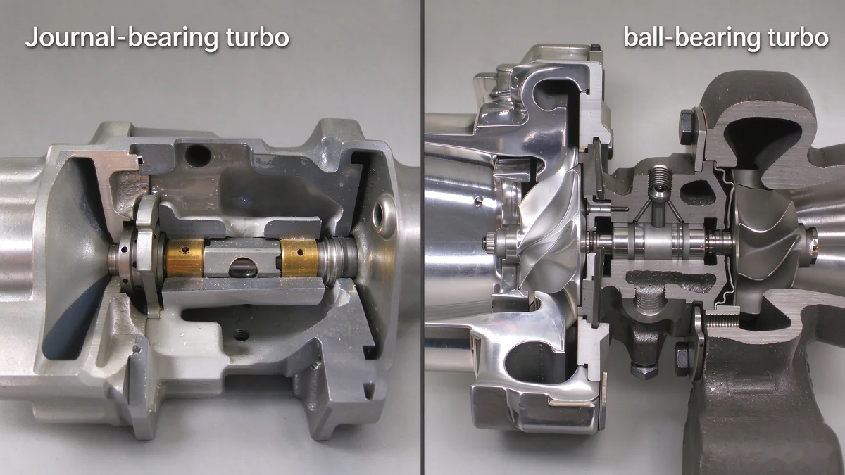 Cutaway comparison of a journal-bearing turbo (left) and a ball-bearing turbo (right)